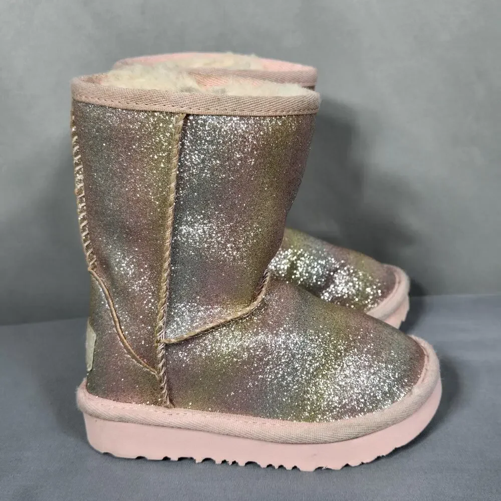 UGG Boots Girls Size 6 Pink Glitter UGGplush Shearling Lined Rainbow Winter